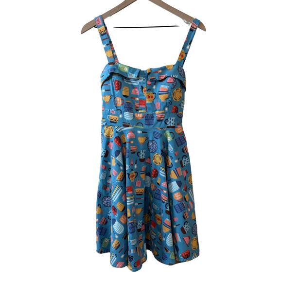 Dollz & Dames Dresses & Skirts - Dollz & Dames Blue Coffee Tea Pin Up Retro 50s Belted Colorful Dress Size XL